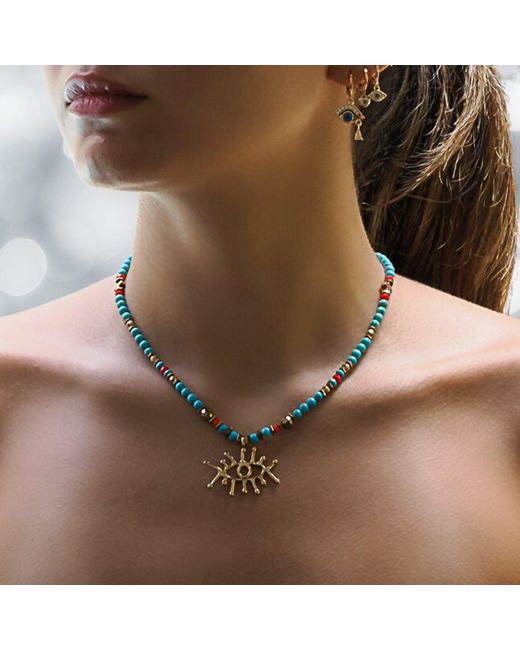 Ebru Jewelry Metallic Guardian Evil Eye Pendant Stone Beaded Necklace