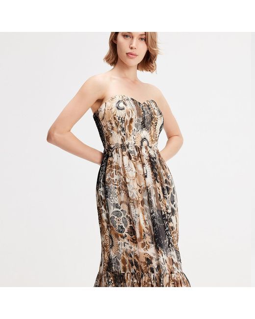 Smart and Joy Multicolor Neutrals Bustier Chiffon Maxi Dress With Abstract Floral Print