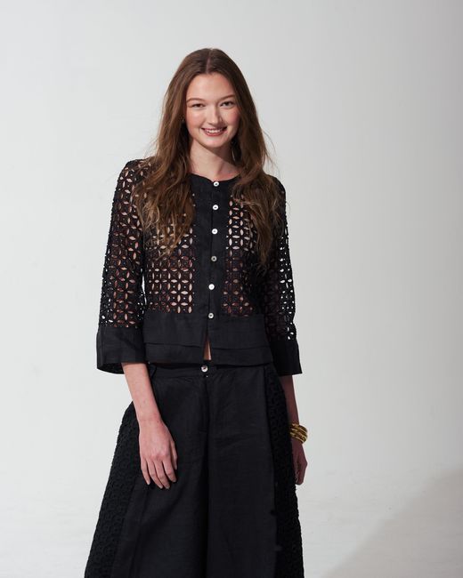 MARICEL Black Costanza Trousers Sangallo Linen