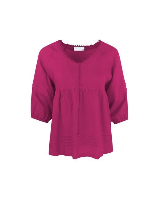 Haris Cotton Pink Flowy Three-Quarter Sleeve Blouse With Gathered Detailing Pomegranate