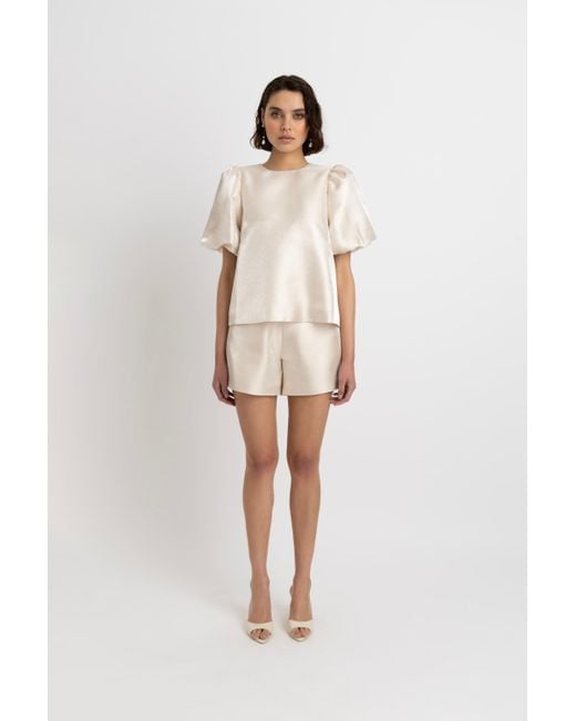 Amy Lynn White Neutrals Aurelia Puffball Satin Tie Top