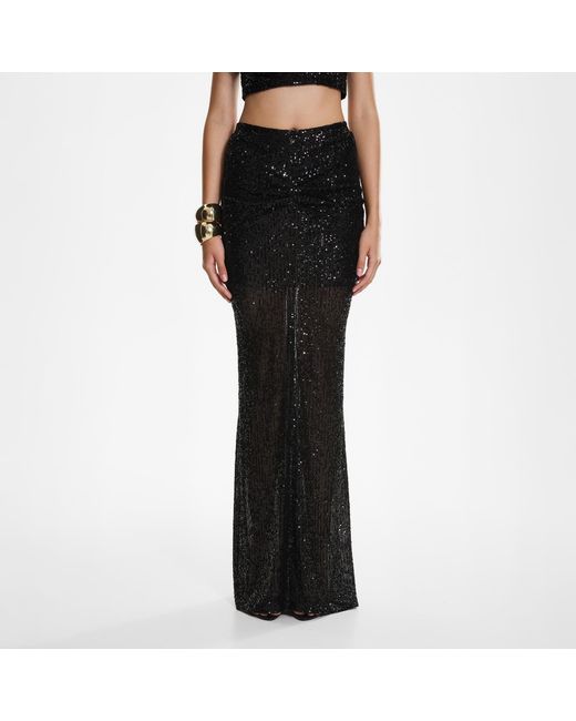 Lita Couture Black Sequin Ruched Maxi Skirt