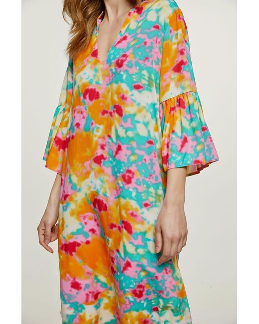 Conquista Orange Abstract Floral Kaftan Style Dress