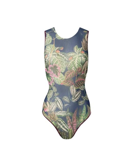 Rodasoleil Smart Swimwear Blue Tan-Through Mesh One-Piece Sleeveless Swimsuit Botanicum