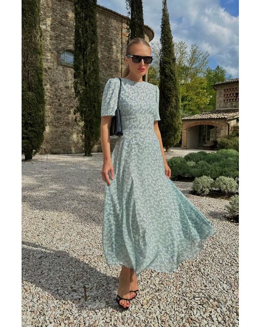 POST MERIDIEM Blue Short Sleeve Floral Midi Dress
