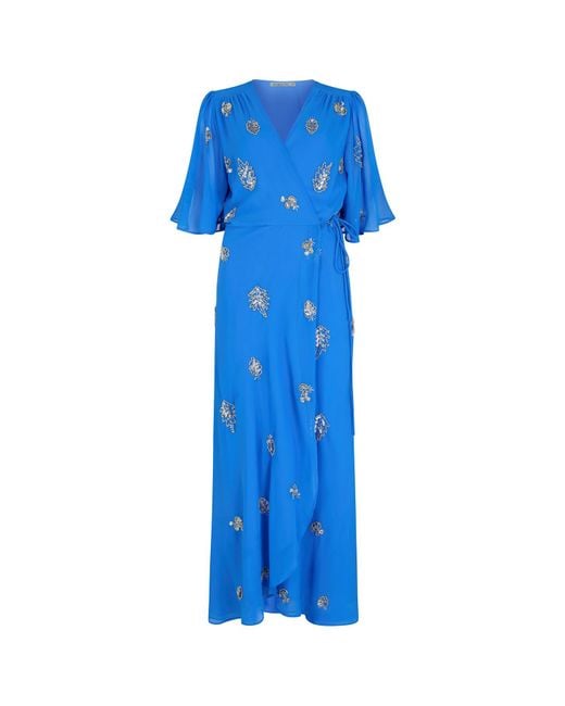 Hope & Ivy Blue The Lois Embellished Wrap Dress With Tie Waist And Flutter Sleeve
