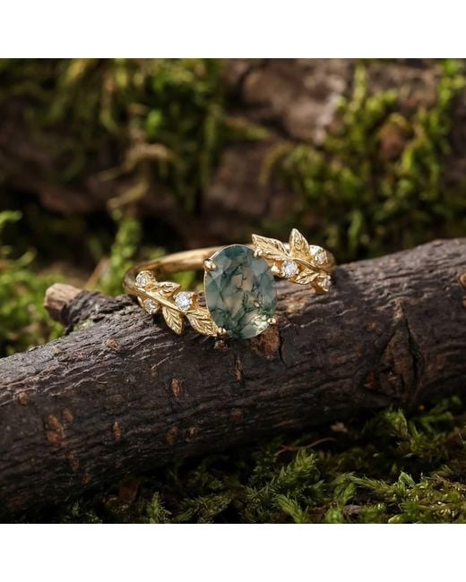 Azura Jewelry New York Metallic Between The Leaf Oval Moss Agate Ring Solid