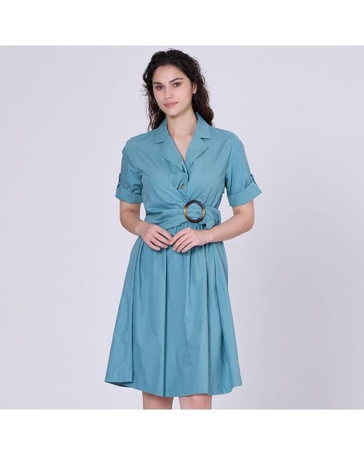Smart and Joy Blue Shirt Dress With Asymmetric Belt Panel