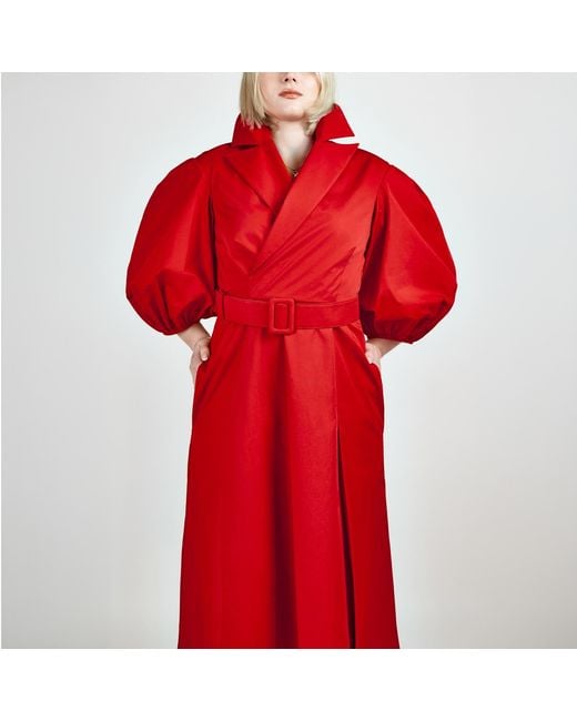 Femponiq Red Wide Lapel Asymmetric Belted Midi Cotton Dress