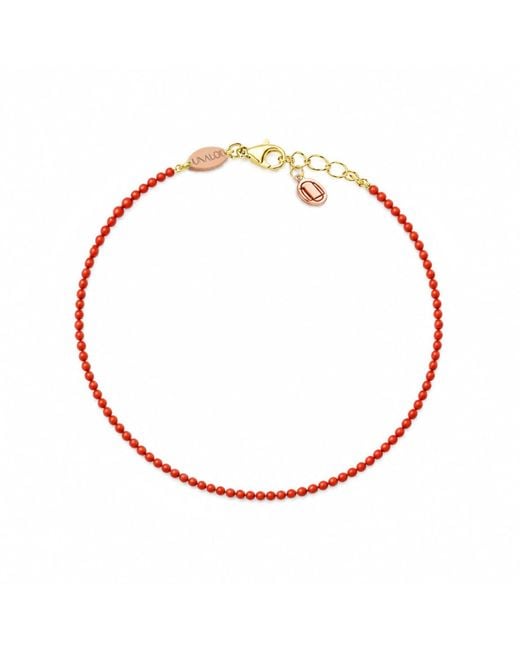 Unaloe Red Natural Coral Bracelet With Small Round Beads And -Plated Sterling