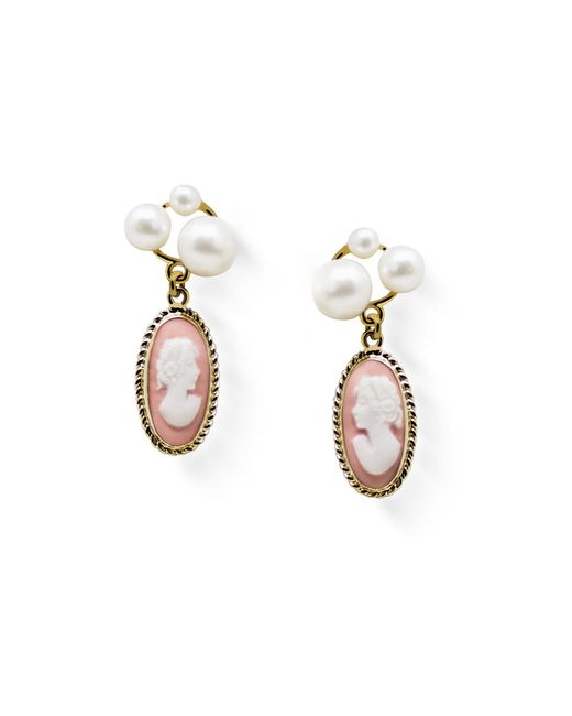 Vintouch Italy Multicolor Lilith Gold-plated Pink Cameo And Pearl Stud Earrings