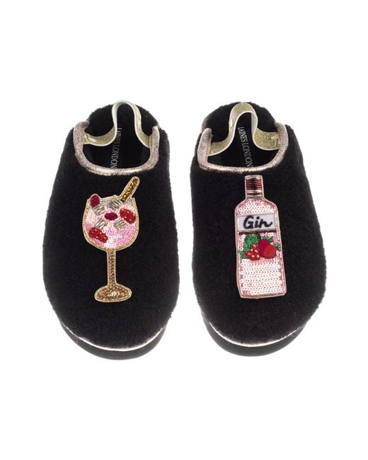 Laines London Black Flatform Cloud Closed Toe Slippers With Gin & Glass Brooches