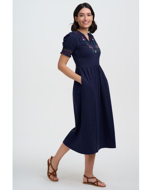 Sugarhill Blue Esme Jersey Midi Dress, Tropic Palm Embroidery
