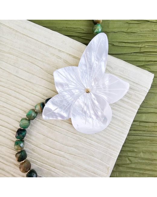 Farra Metallic Cube Tiger-Eye Stone With Giant Flower Shell Long Necklace
