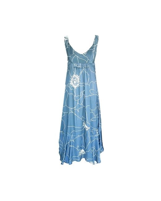 Haris Cotton Blue Printed Satin Maxi Dress With Straps And Ruffled Hem Peonies