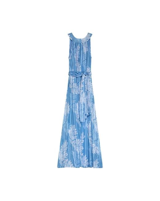Niza Blue Long Floral Print Jumpsuit With V-Neck And Wide Skirt