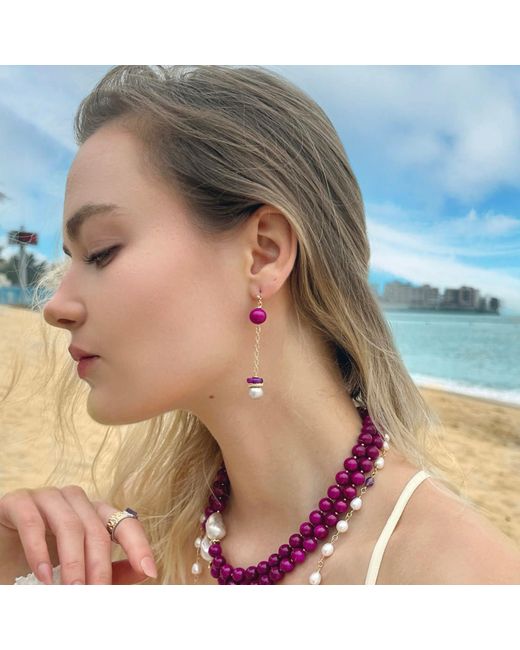 Farra Purple Gray Freshwater Pearls And Magenta Gemstone Dangle Earrings