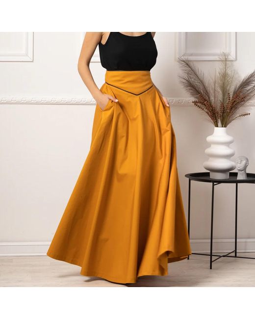 Nikka Place Orange Maxi A-Line Cotton Skirt With High Waist And Pockets