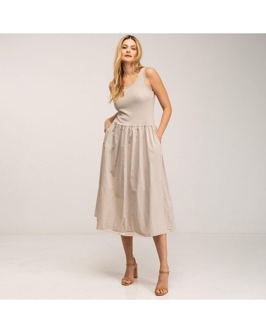 Tantra Spain Sl Natural Neutrals Fitted Maxi Strap Dress With A Line Skirt And Pockets
