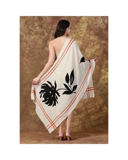 Heritagemoda Pink Hand-Painted Wool-Silk Scarf – Ivory With Burnt & Floral Accents