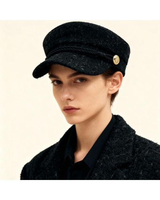 Chanel Joan Elkayam Black Braided Trim Tweed Baker Boy Hat
