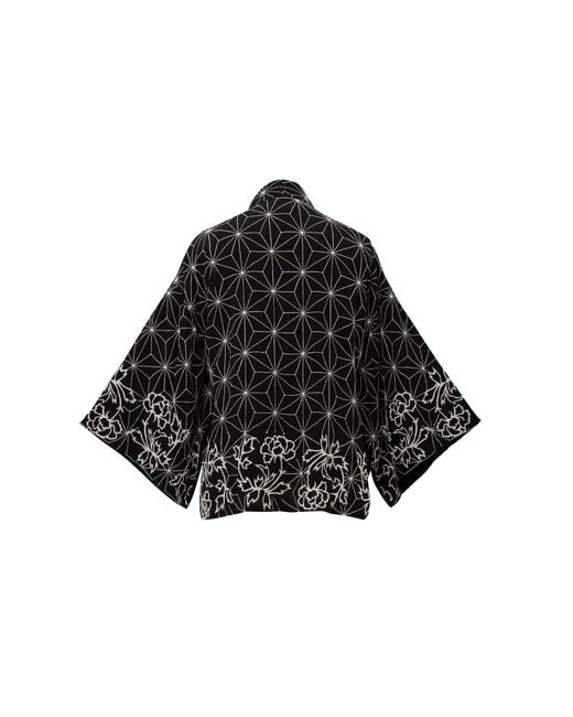 Artemis Muse Black Asanoha & Peony Embroidered & Ivory Fully Lined Short Kimono