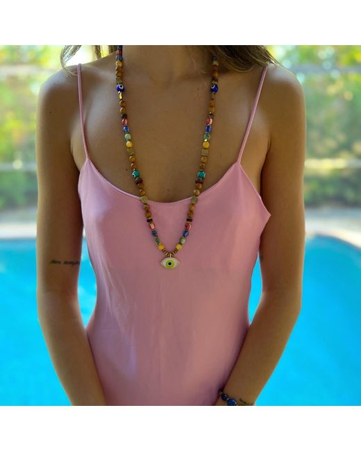 Ebru Jewelry Metallic Evil Eye Pendant Colorful Beaded Good Vibes Necklace