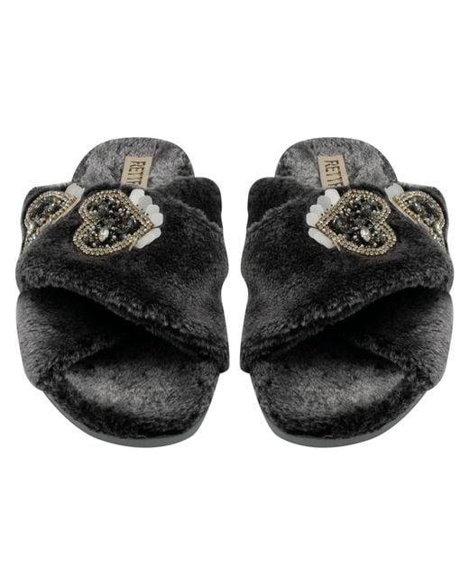 Rettrose Black Katie Charcoal Luxury Plush Diamanté Heart Embellished Handmade Slipper
