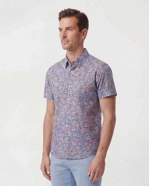 Lords of Harlech Blue Tim Floral Field Coral Printed Button Up Shirt for men