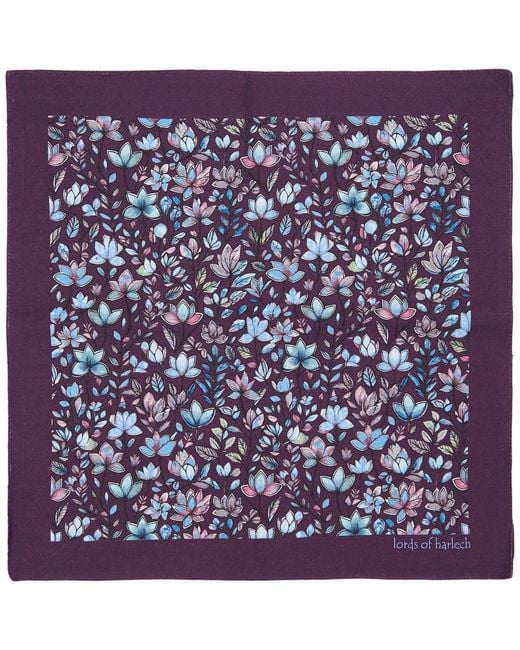 Lords of Harlech Purple Hudson Mystic Floral Merino Handkerchief Pocket Square for men