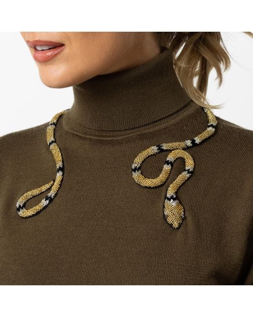 House of Laines London Green Laines Couture Wrap Snake Embellished Knitted Roll Neck Jumper