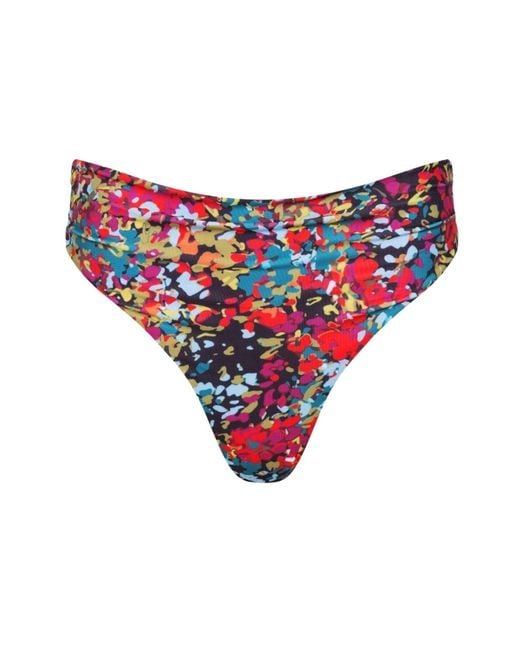 Playaluxe Red Capri Ruched High Waist Thong Bikini Bottom Confetti Floral