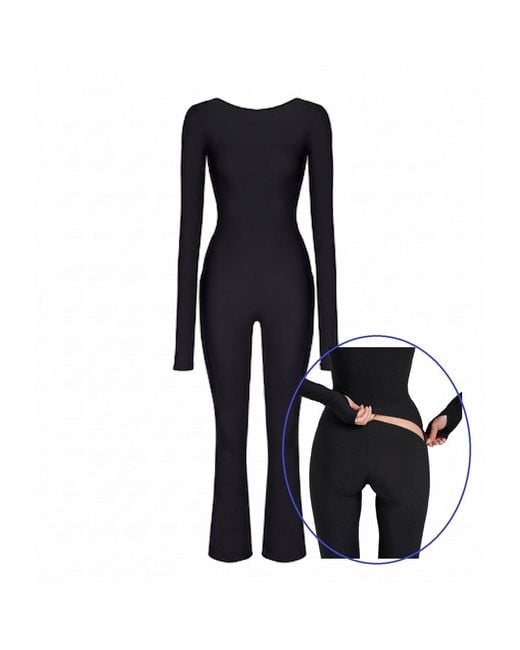 Monosuit Black Ribbed Bootcut Flared-Leg Jumpsuit