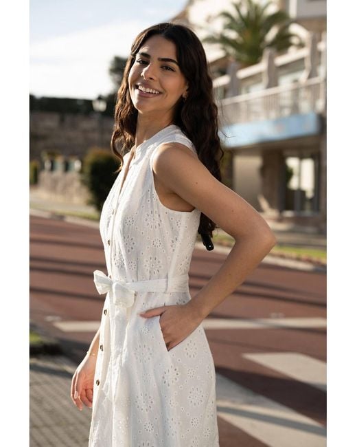 Yumi' White Flower Broderie Anglaise Cotton Shirt Dress