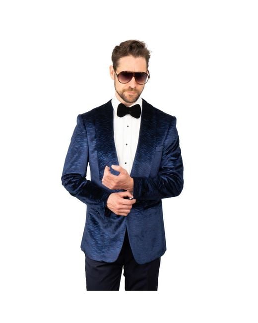 DAVID WEJ Blue Semi Plain Velvet Shawl Lapel Blazer – Royal for men