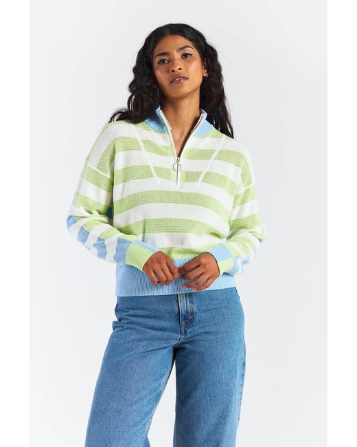 Brodie Cashmere Green Mesh Stripe Half Zip