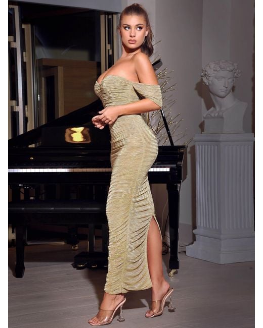 Miss Circle New York Metallic Gene Ruched Off Shoulder Chiffon Dress