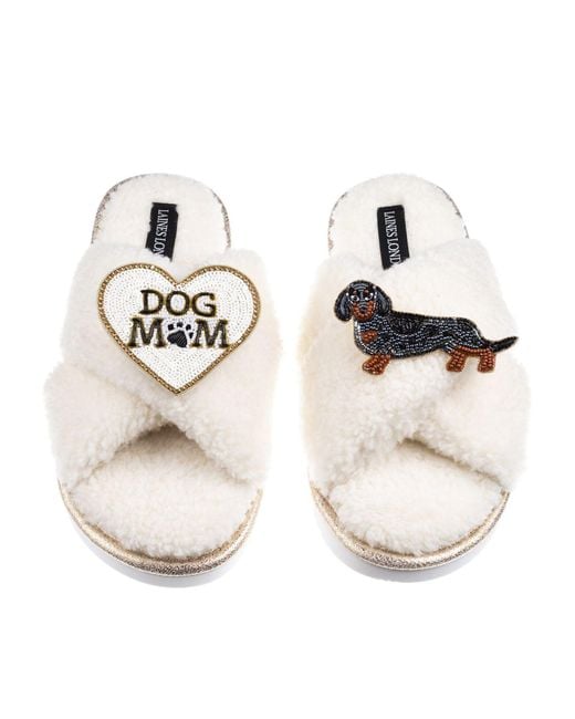 Laines London White Neutrals Boucle Slippers With Dog Mum/Mom & Dapple Dachshund Brooches
