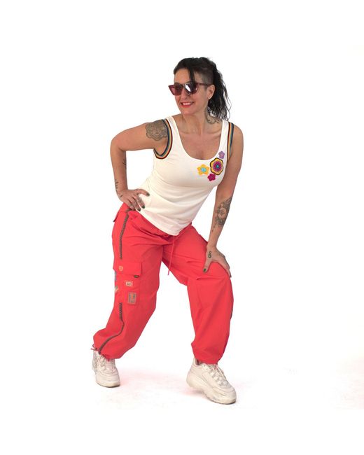 Lalipop Design Red Relaxed Fit Coral Parachute Cargo Pants