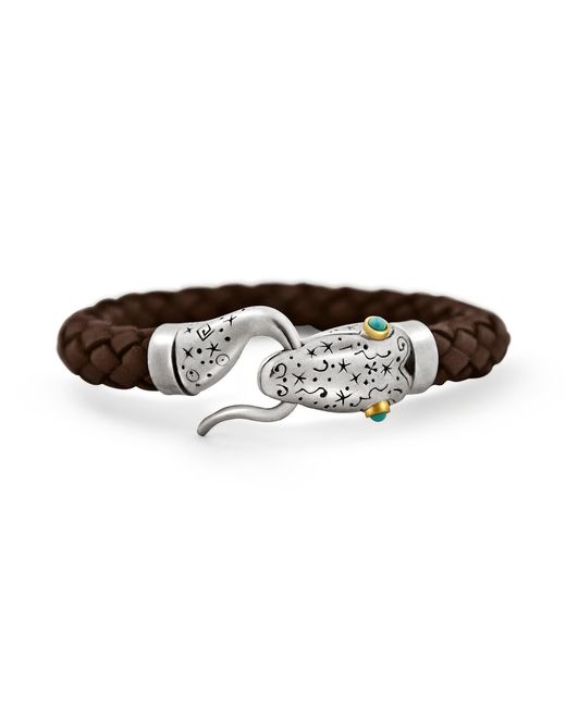 Snake Bones Brown Snake Leather Bracelet In Silver 18kt Gold And Turqoise