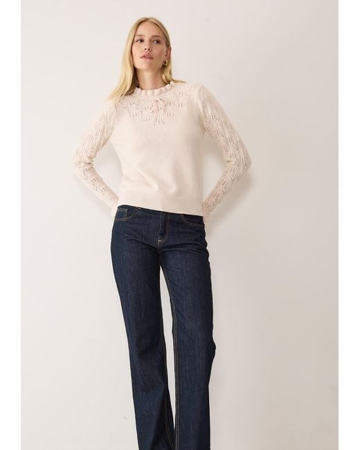 Loop Cashmere White Neutrals Tie Neck Pointelle Sweater