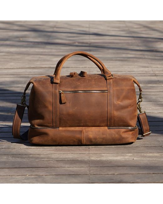 Touri Brown Leather Weekend Bag With Suit Compartment for men