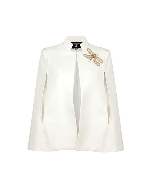 House of Laines London White Neutrals Laines Ivory Couture Tailored Cape With Embellished Dragonfly Brooch