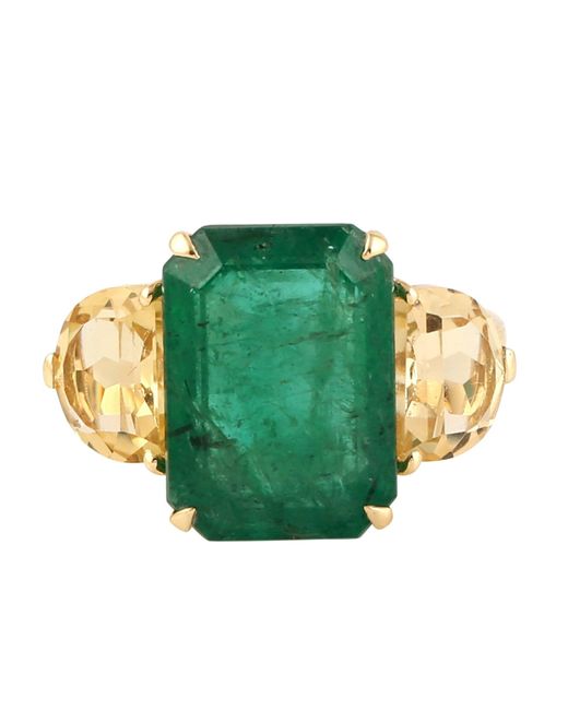 Artisan Green Emerald & Citrine Gemstone In Solid 18k Yellow Gold Classic Cocktail Ring