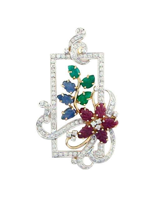 Artisan Solid 18k Gold 100% Genuine Carving Blue Sapphire Ruby Emerald Leaf Diamond Nature Inspired Tutti Frutti Pendant