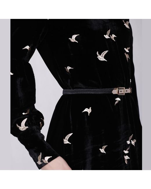 Smart and Joy Black Golden Embroidery Velvet V-Neck Dress