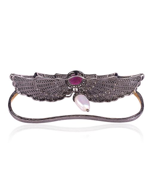 Artisan Purple 18k Gold 925 Silver With Carved Ruby & Pearl Pave Diamond Angel Wing Palm Bracelet