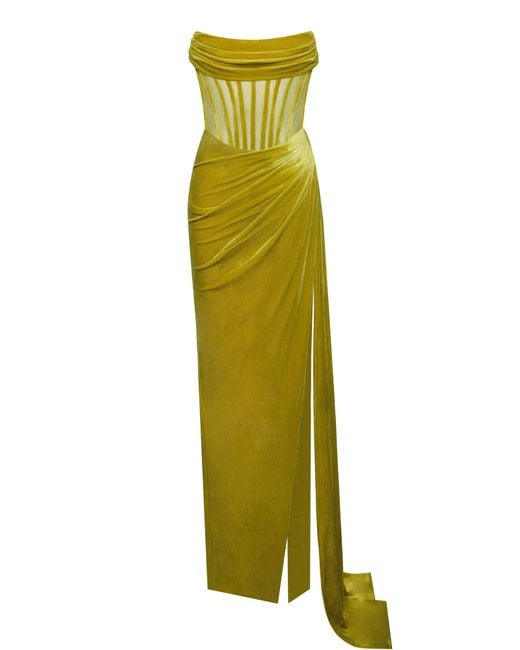Miss Circle New York Green Priya Draping Corset High Slit Velvet Gown