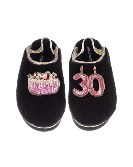 Laines London Black Flatform Cloud Closed Toe Slippers With 30Th Birthday & Cake Brooches