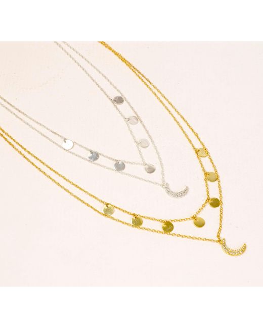 Lila Rasa Metallic Celestial Double Layer Necklace Crecent Cz Moon